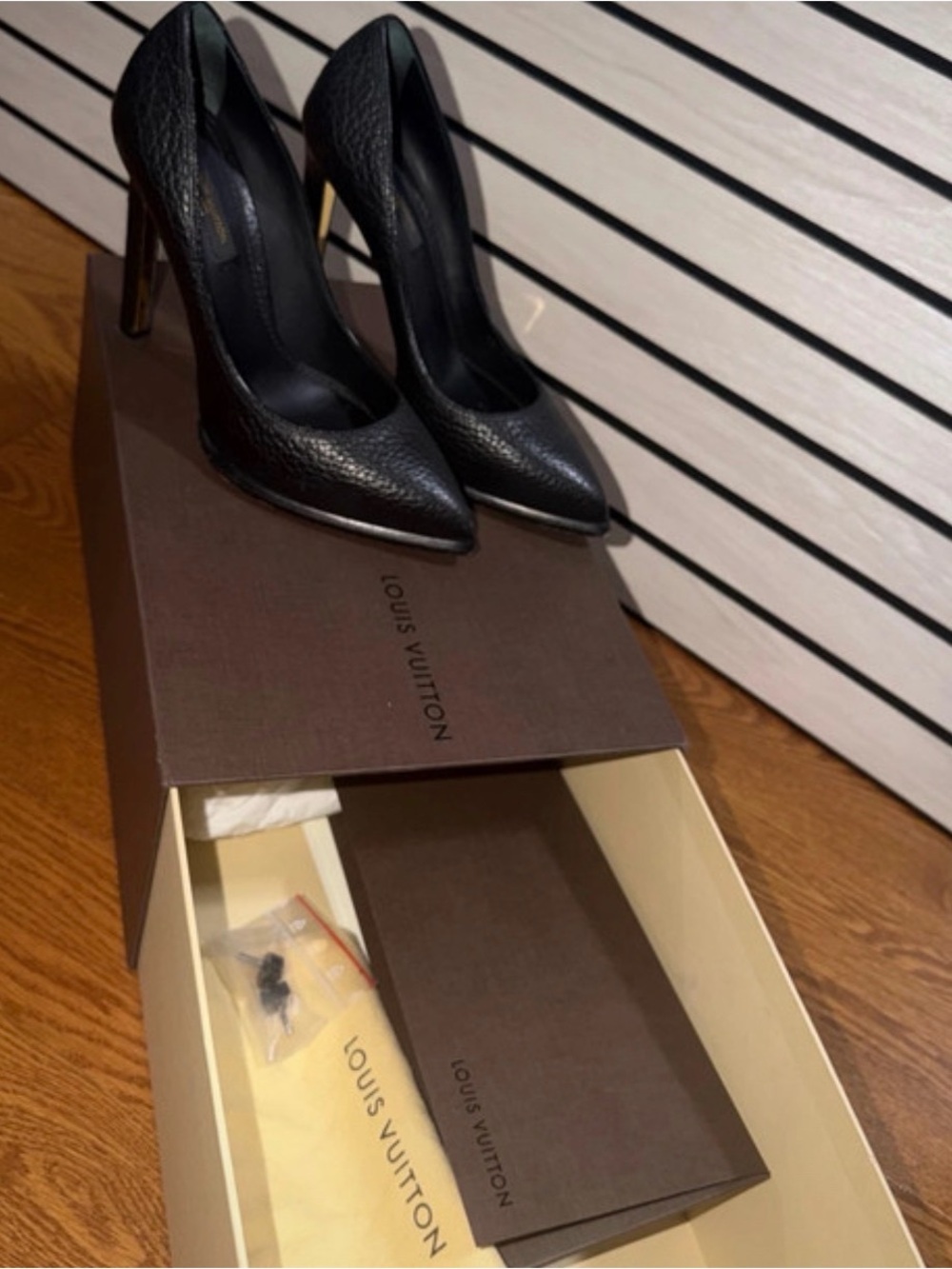 Louis Vuitton Black Textured Leather Pointed-Toe Stiletto Heels - Picture 2 of 6